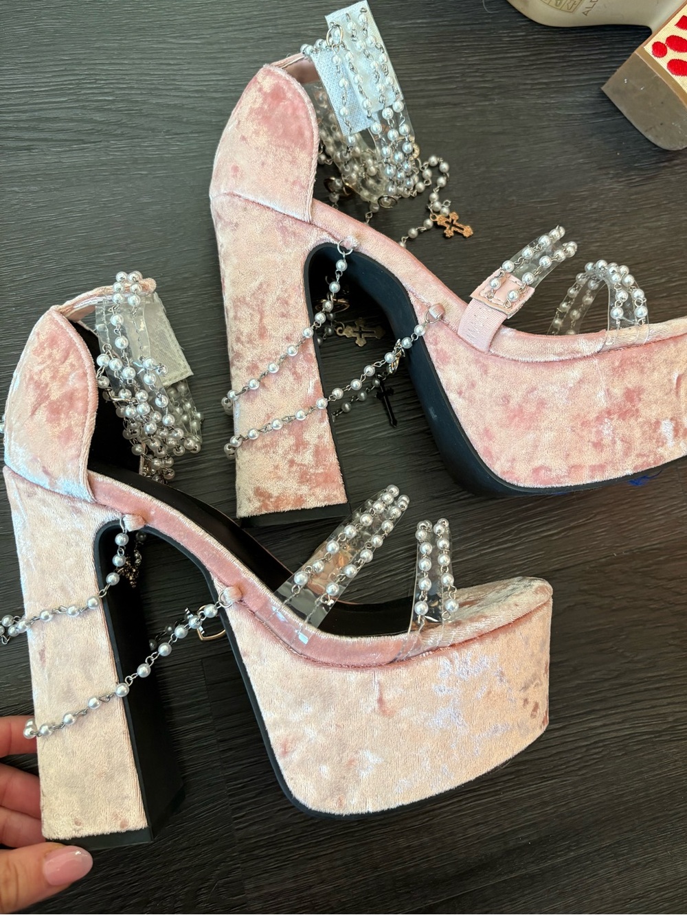 Dolls Kill Pink Velvet Platform Heels with Pearl Straps